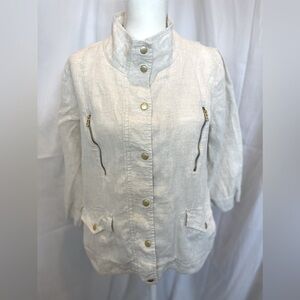 Chico's 100% Linen Size 2 3/4 Sleeve Jacket Beige W/Gold Accents